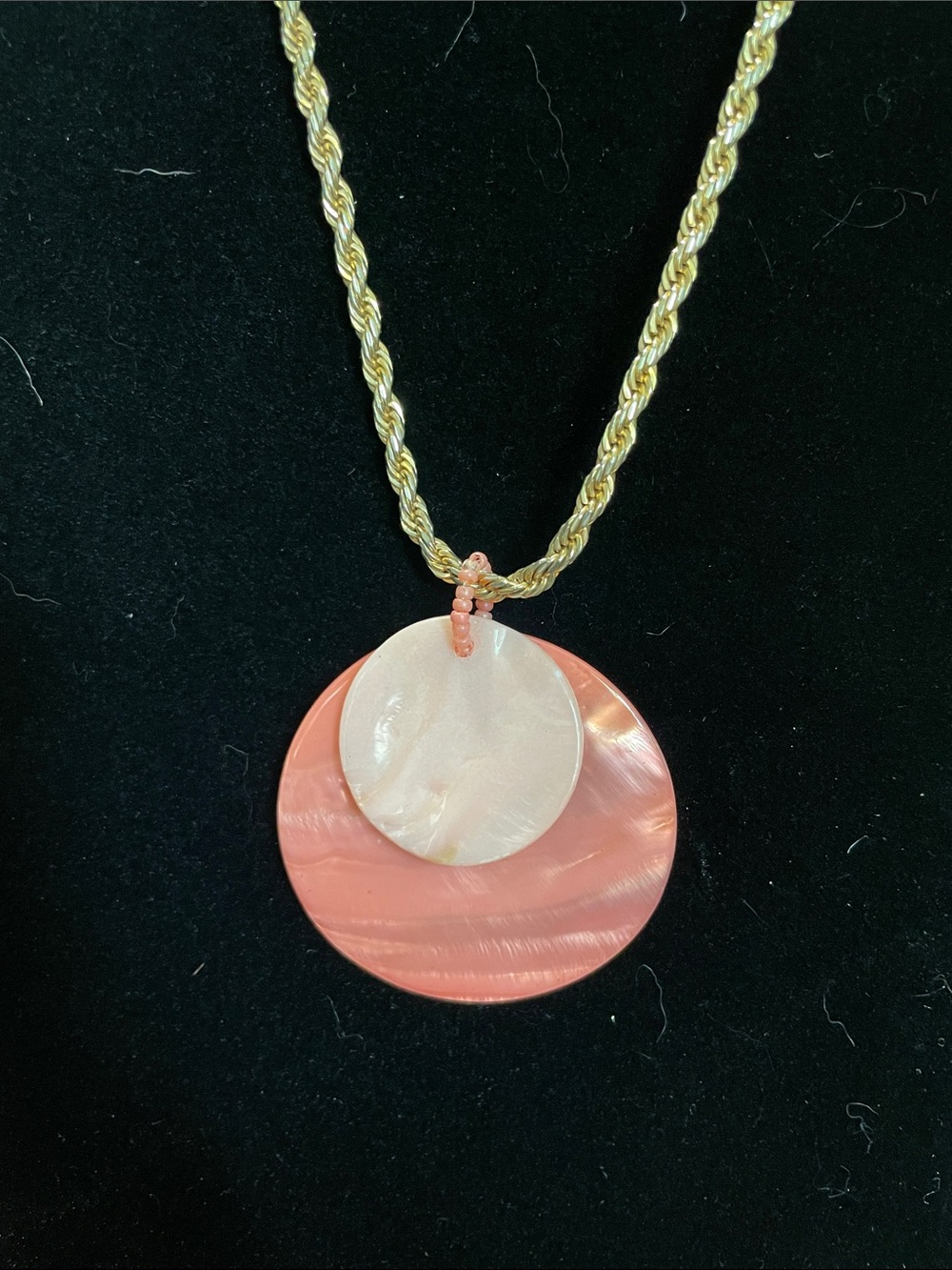 White Stag Gold Rope Chain Necklace with Pink Shell Double Disc Pendant